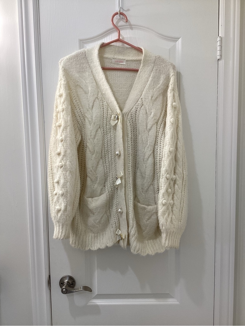 LIZ LISA Cream Cable-Knit Cardigan with Pearl Buttons